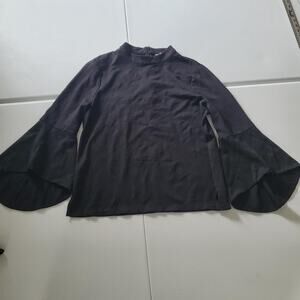 Chico's Blouse Womens Large Black Bell Sleeve Mock Neck Back Zip Stretch Top